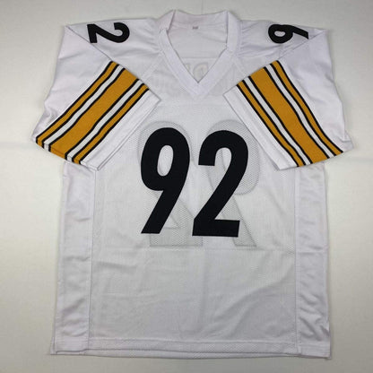 Autographed/Signed James Harrison Pittsburgh White Football Jersey Beckett BAS COA