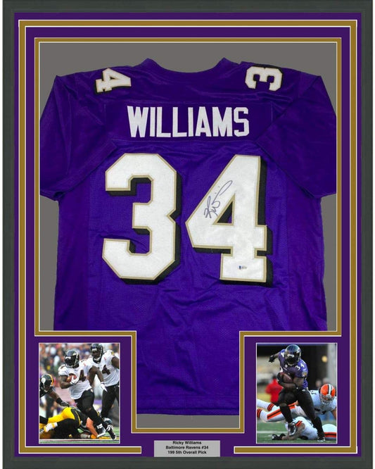 Framed Autographed/Signed Ricky Williams 35x39 Baltimore Purple Football Jersey Beckett BAS COA