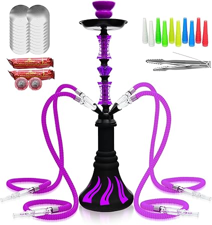 22" Hookah Set with Everything, Premium Hookah Shisha set, Up to 4 Persons Hookah Complete Set with 100 Disposable Tips, 50 Pre-Punched Aluminum Foil, 20 Coals(PURPLE)
