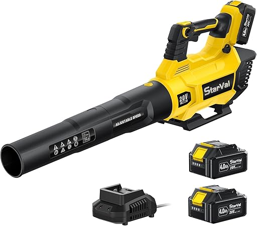 Cordless Leaf Blower, Electric Leaf Blower with 2 x 4.0Ah Battery and Charger, Variable Speed, Turbo Mode, Battery Powered Leaf Blower for Patio, Yard, Sidewalk (Yellow)