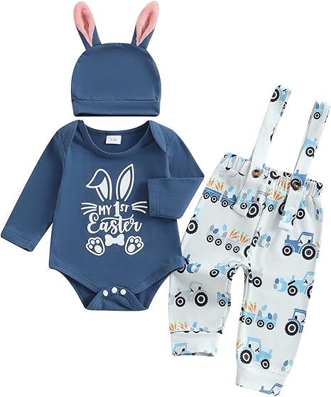 My First Easter Baby Boy Outfit Bunny Letter Print Long Sleeve Romper Suspender Pants Overalls Hat Clothes Set