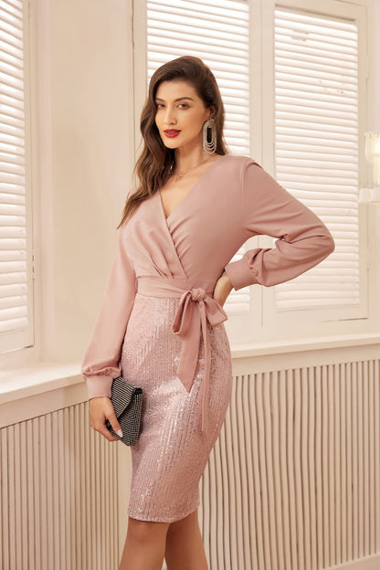 GRACE KARIN Sequin Wedding Guest Dresses for Women Wear to Party Bodycon with Belt Pink XXL