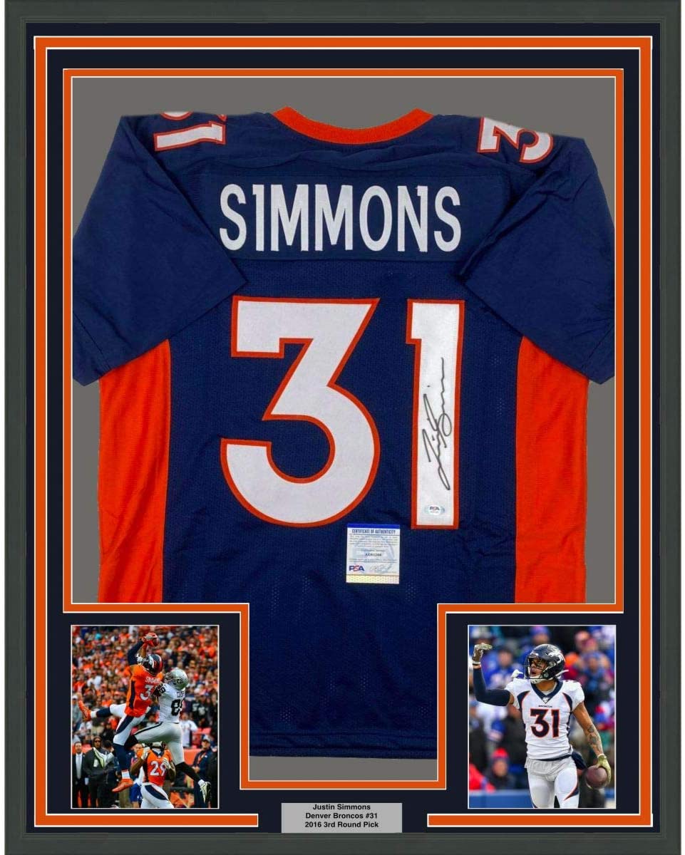 Framed Autographed/Signed Justin Simmons 35x39 Denver Blue Football Jersey PSA/DNA COA