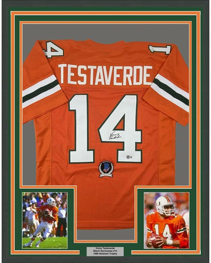 Framed Autographed/Signed Vinny Testaverde 35x39 Miami Orange College Football Jersey Beckett BAS COA