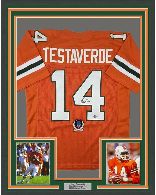 Framed Autographed/Signed Vinny Testaverde 35x39 Miami Orange College Football Jersey Beckett BAS COA