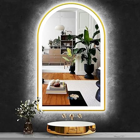 20x32 Inch Gold Bathroom Arch Vanity Mirror with Light Gold Frame Arch LED Mirror for Bathroom Wall Arched Lighted Mirror Anti Fog Dimmable 3Color 32" Gold Framed Arch Smart LED Light up Mirror