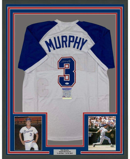 Framed Autographed/Signed Dale Murphy 35x39 Atlanta White Baseball Jersey PSA/DNA COA
