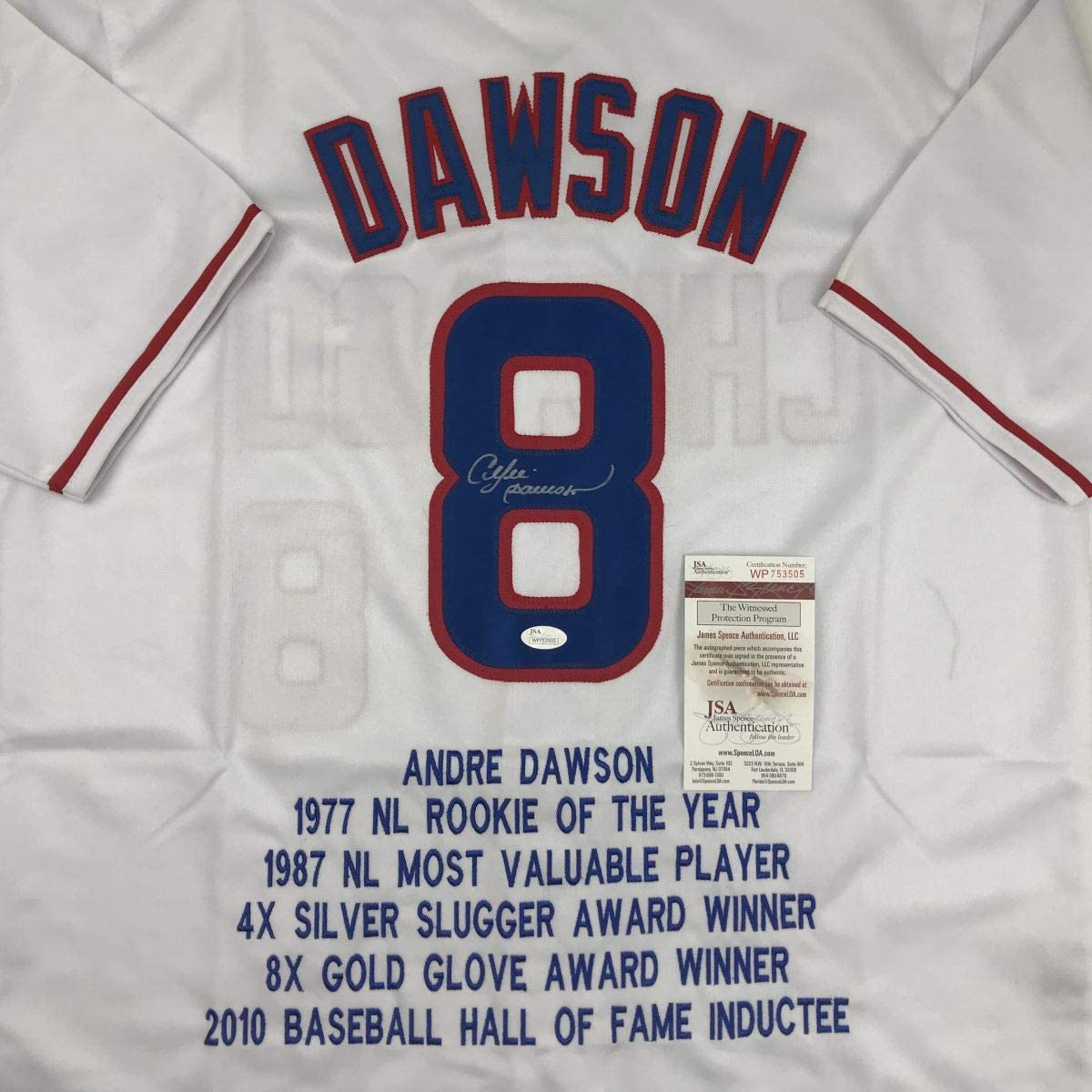 Autographed/Signed Andre Dawson Chicago White Stat Baseball Jersey JSA COA