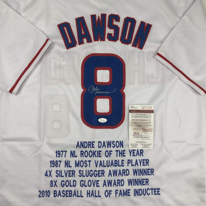 Autographed/Signed Andre Dawson Chicago White Stat Baseball Jersey JSA COA