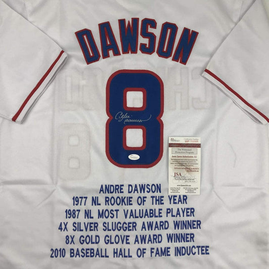 Autographed/Signed Andre Dawson Chicago White Stat Baseball Jersey JSA COA