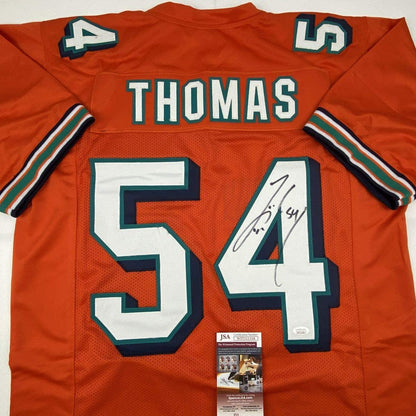 Autographed/Signed Zach Thomas Miami Orange Football Jersey JSA COA