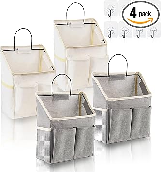4 Pack Wall Hanging Storage Bag Fabric Hanging Bag Organizer with 4 Pockets, Wall File Organizer with 8 PCS Sticky Hooks for Bathroom Dormitory Office Rv Storage and Organization (2 White+2 grey)