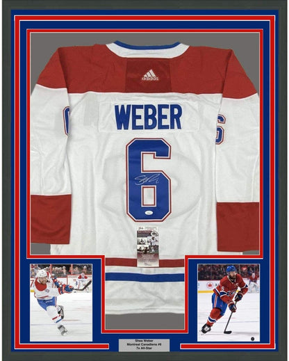 Framed Autographed/Signed Shea Weber 35x39 Montreal White Hockey Jersey JSA COA
