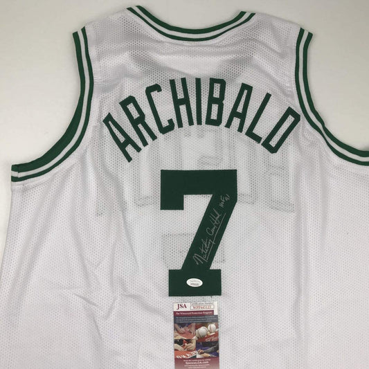 Autographed/Signed Nate Tiny Archibald Boston White Basketball Jersey JSA COA