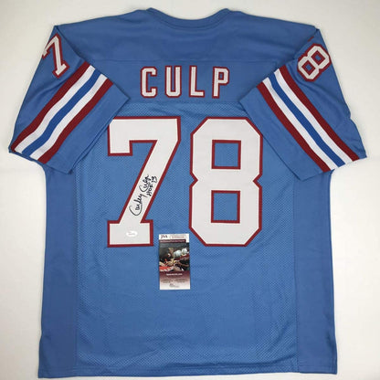 Autographed/Signed Curley Culp HOF 13 Houston Blue Football Jersey JSA COA