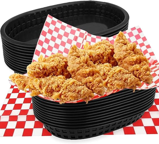 18 Pack Plastic Fast Food Baskets with 100 Sheets, 10.5 x 7 Inch Oval Food Baskets and Liners Reusable Chip Basket for Burgers, Sandwiches, Barbecues Serving Black