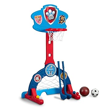 Delta Children PAW Patrol 4-in-1 Sports Center _Ü_ Adjustable Easy Score Basketball Hoop, Soccer/Hockey Net and Golf Game, Blue