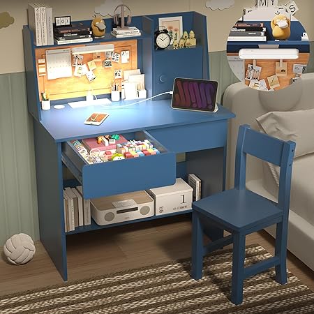 Blue Desk and Chair Set for 5-12 Year Old, Kids Study Desk with 3-Color Lights, Kids Study Table with Charging Station, Study Table with Drawers and Storage Shelf-Eg10