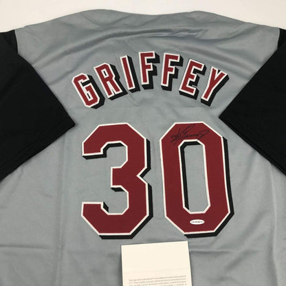 Autographed/Signed Ken Griffey Jr. Cincinnati Grey Baseball Jersey Upper Deck UDA COA