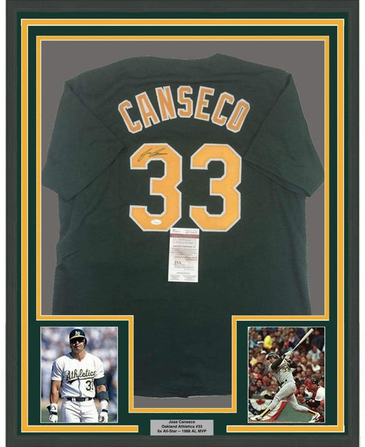 Framed Autographed/Signed Jose Canseco 35x39 Oakland Dark Green Baseball Jersey JSA COA
