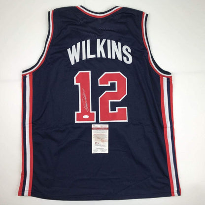 Autographed/Signed Dominique Wilkins Team USA United States Blue Olympics Basketball Jersey JSA COA