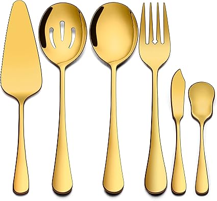 Homikit 6 Pieces Gold Serving Utensils, Modern Stainless Steel Serving Hostess Set with Serving Spoons, Serving Fork, Pie Server, Butter Knife, Ice Cream Spoon, Mirror Polished, Dishwasher Safe