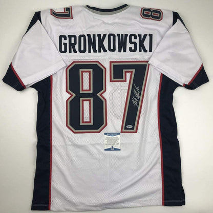 Autographed/Signed Rob Gronkowski New England White Football Jersey Beckett BAS COA