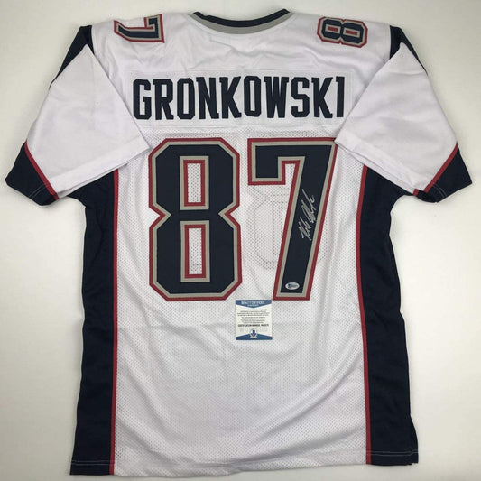 Autographed/Signed Rob Gronkowski New England White Football Jersey Beckett BAS COA