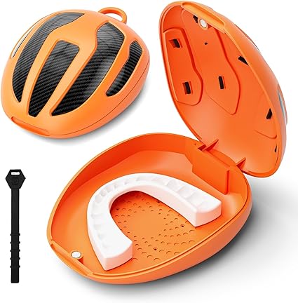 BVN Mouthguard Case Sports, Adult & Youth Sizes Universal Storage for Mouthguard, with Silicone Lanyard, Orange+Carbon Fiber Coating.