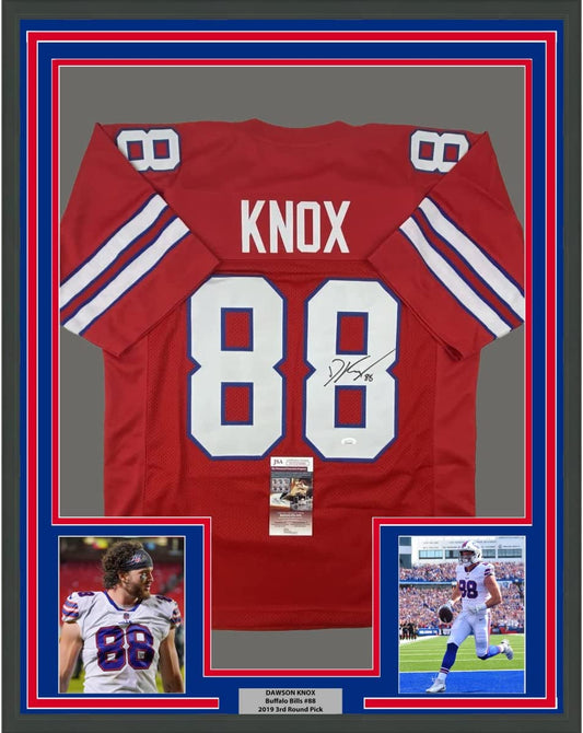Framed Autographed/Signed Dawson Knox 35x39 Buffalo Red Football Jersey JSA COA