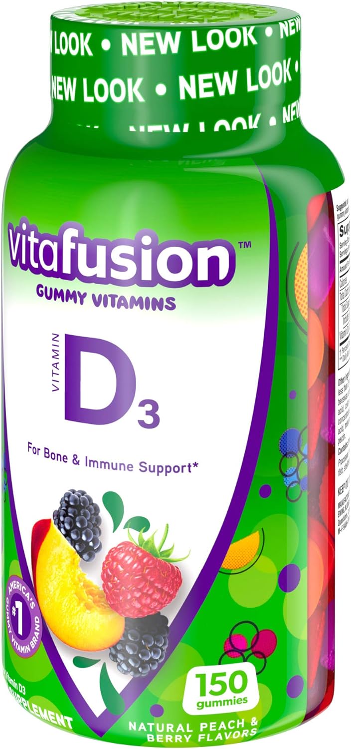 Vitafusion Vitamin D3 Gummy Vitamins for Bone and Immune System Support, Peach, Blackberry and Strawberry Flavored, 50 mcg Vitamin D, America’s Number 1 Gummy Vitamin Brand, 75 Day Supply, 150 Count