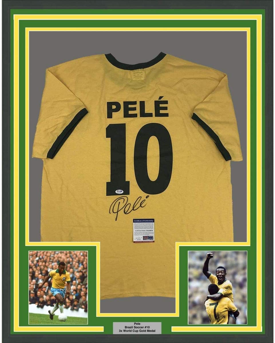 Framed Autographed/Signed Pele 35x39 Brazil Yellow Soccer Jersey PSA/DNA COA