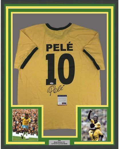 Framed Autographed/Signed Pele 35x39 Brazil Yellow Soccer Jersey PSA/DNA COA