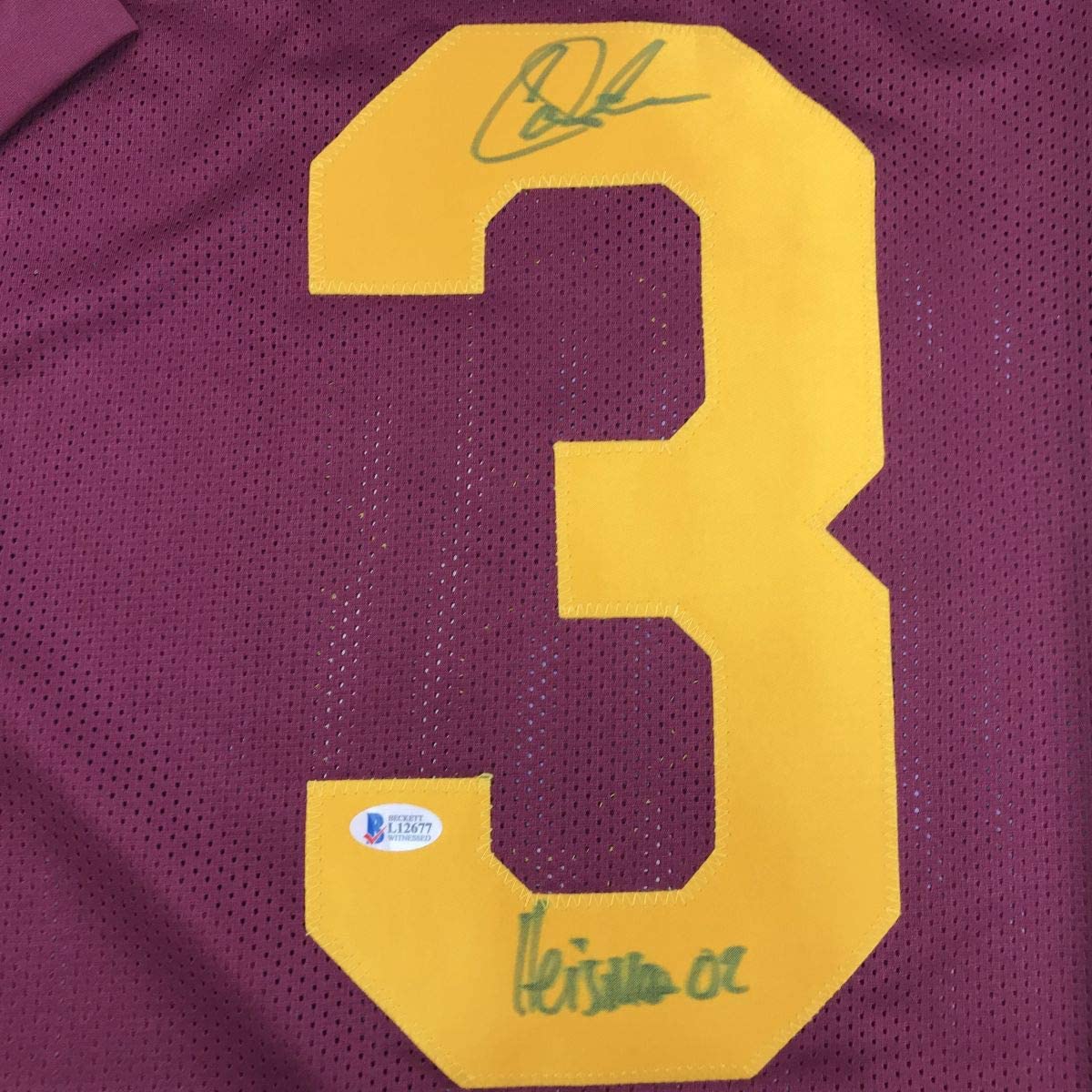 Autographed/Signed Carson Palmer Heisman 02 USC Southen Cal Maroon College Football Jersey Beckett BAS COA