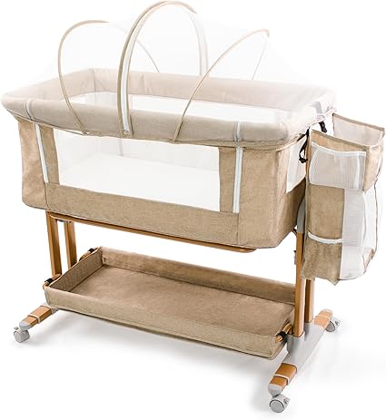 Baby Bassinet Bedside Sleeper 2 in 1 with Wheels, Arms Reach Co Sleeper with Mattress, Incline Option, 6 Adjustable Heights for Newborn to 6 Months Infant