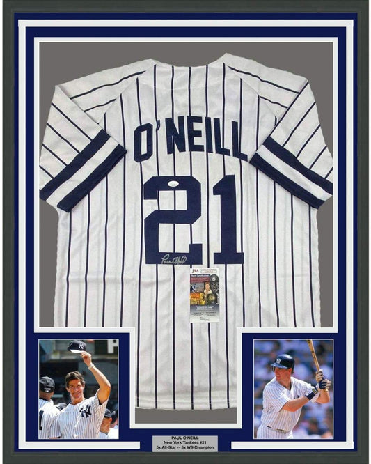 Framed Autographed/Signed Paul O'Neill 35x39 New York Pinstripe Baseball Jersey JSA COA