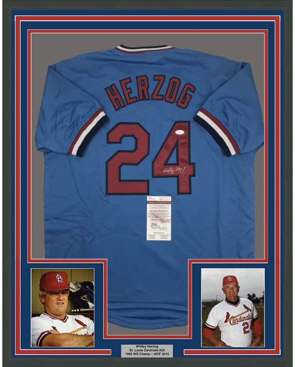Framed Autographed/Signed Whitey Herzog 35x39 St. Louis Blue Baseball Jersey JSA COA