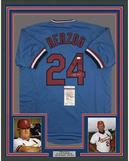 Framed Autographed/Signed Whitey Herzog 35x39 St. Louis Blue Baseball Jersey JSA COA