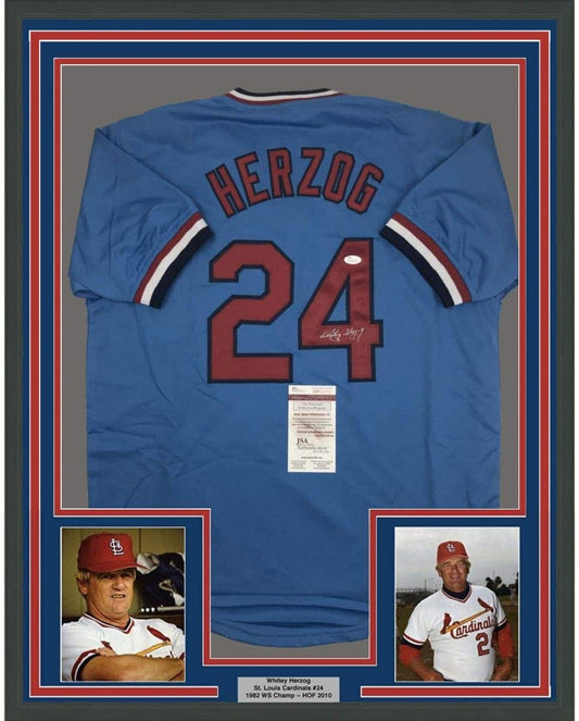 Framed Autographed/Signed Whitey Herzog 35x39 St. Louis Blue Baseball Jersey JSA COA