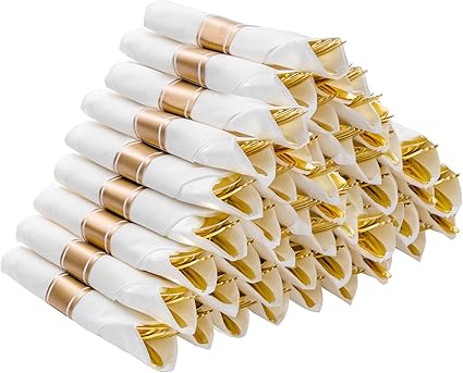50 Pack Pre Rolled Gold Plastic Silverware Set, Disposable Wrapped Cutlery Set with 50 Napkins, 50 Knives, 50 Forks and 50 Spoons for Party, Birthday