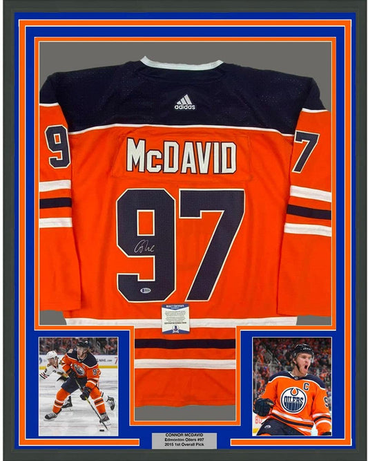 Framed Autographed/Signed Connor McDavid 35x39 Edmonton Orange Hockey Jersey Beckett BAS COA