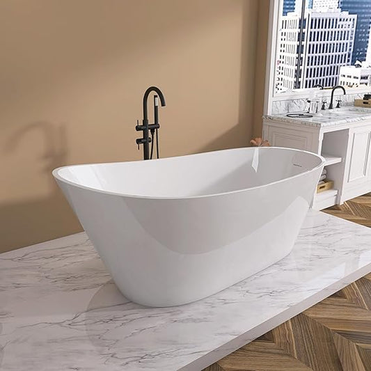 59" Acrylic Freestanding Bathtub, Oval-Shaped Modern Solo Soaking Tub in Gloss White, Integrated Stylish Overflow and Drain System