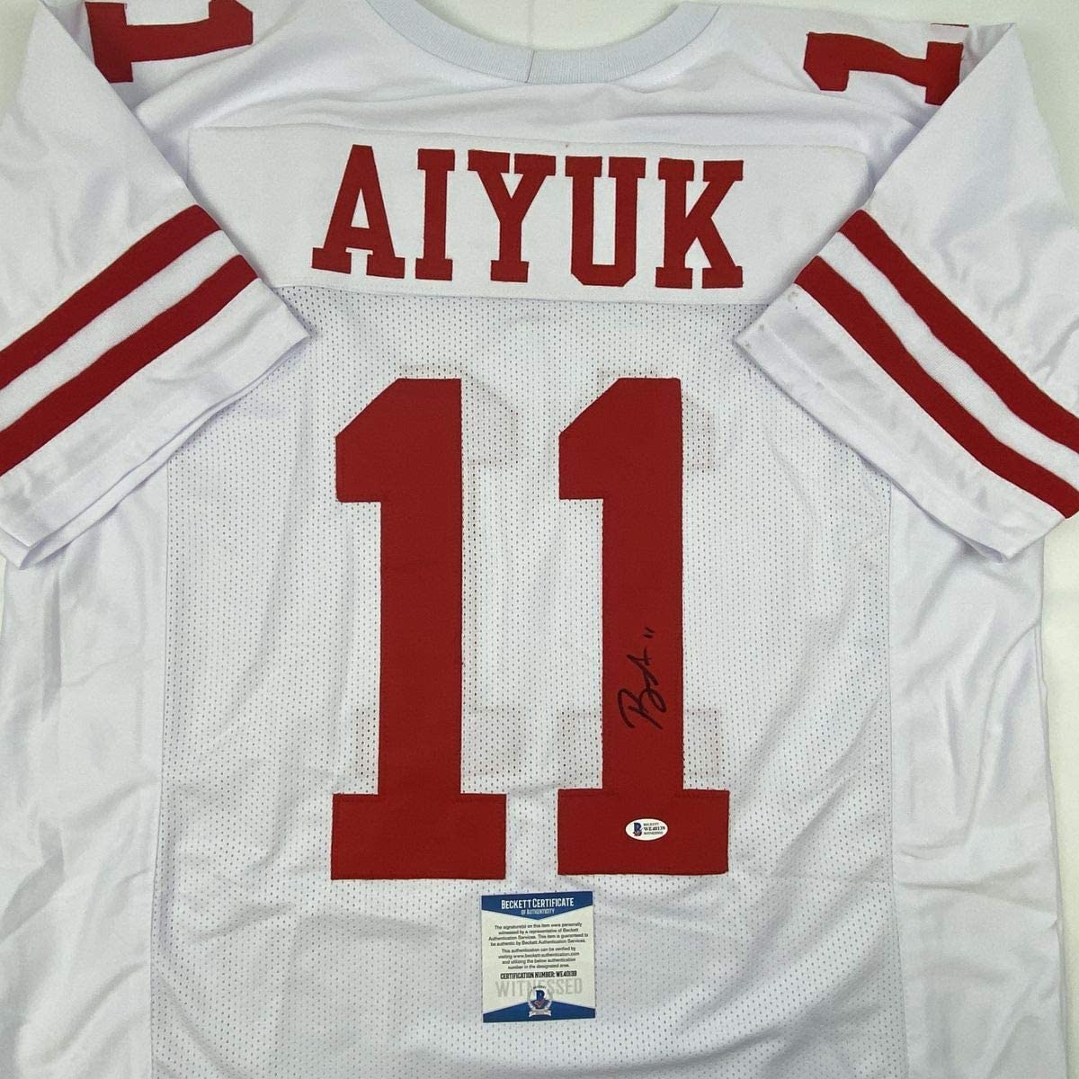 Autographed/Signed Brandon Aiyuk San Francisco White Football Jersey Beckett BAS COA