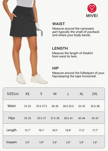 MIVEI 16" Golf Skorts Skirts for Women High Waisted Stretch Athletic Tennis Travel Casual Running with Zipper Pockets UPF50+ Black