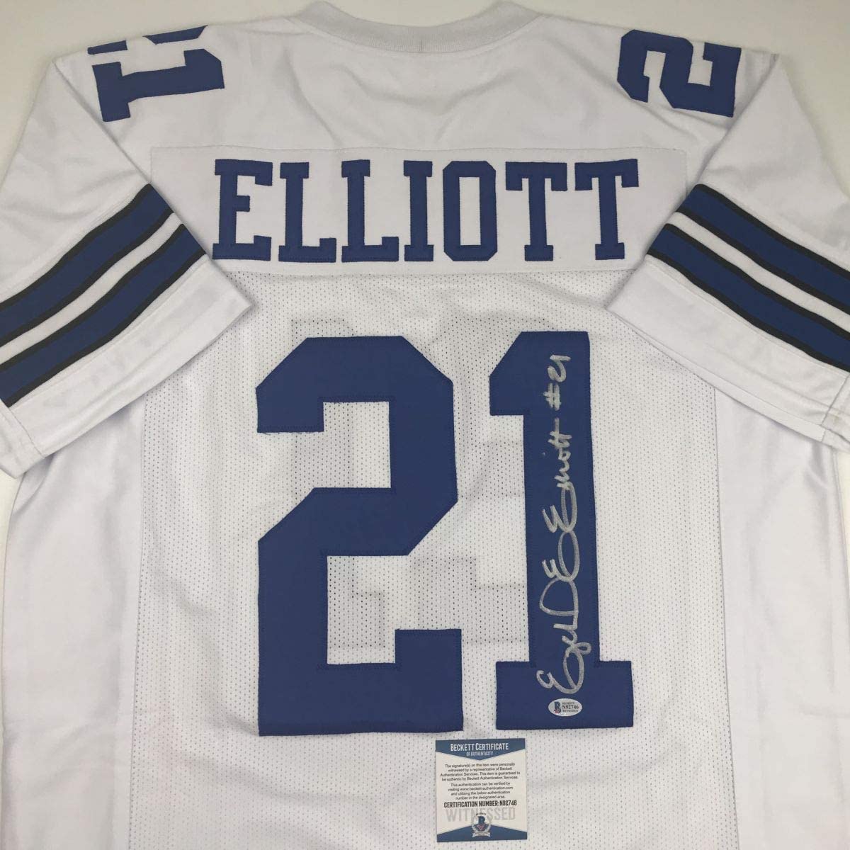 Autographed/Signed Ezekiel Elliott Dallas White Football Jersey Beckett BAS COA