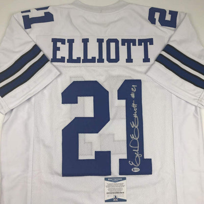 Autographed/Signed Ezekiel Elliott Dallas White Football Jersey Beckett BAS COA