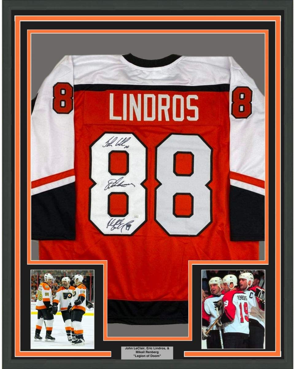 Framed Autographed/Signed Legion of Doom Eric Lindros, John LeClair & Mikail Renberg 35x39 Philadelphia Orange Hockey Jersey JSA COA