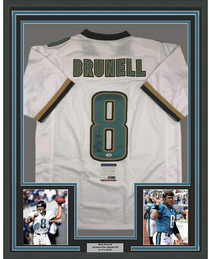 Framed Autographed/Signed Mark Brunell 35x39 Jacksonville White Football Jersey PSA/DNA COA