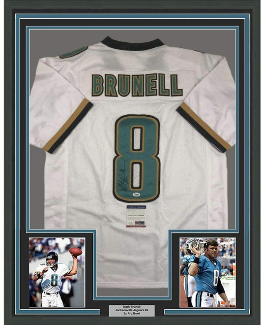 Framed Autographed/Signed Mark Brunell 35x39 Jacksonville White Football Jersey PSA/DNA COA