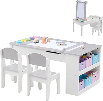 3 in 1 Kids Art Table & Easel Set with 2 Chairs, Wooden Children Activity Table and Chair Set with 6 Storage Bins, Paper Roller, Paint Cups for Draw, Write, Play, Arts & Crafts (Gray & White)